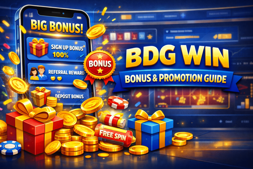 BDG Win bonus and promotion guide showing signup bonus, referral rewards, and deposit bonus on a mobile gaming dashboard.
