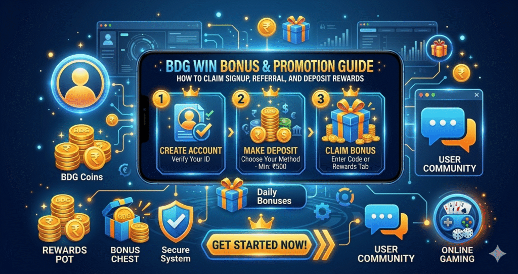 BDG Win bonus and promotion guide showing signup bonus, referral rewards, and deposit bonus on a mobile gaming dashboard.